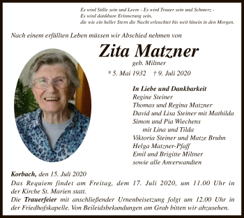 Traueranzeige von Zita Matzner von WLZ