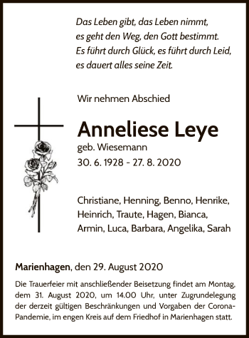 Traueranzeige von Anneliese Leye von WLZ