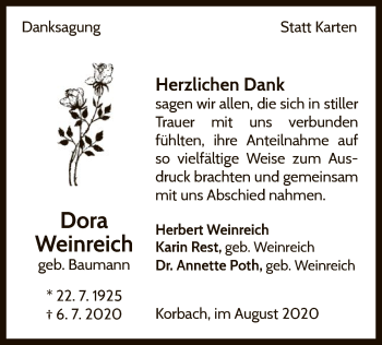 Traueranzeige von Dora Weinreich von WLZ