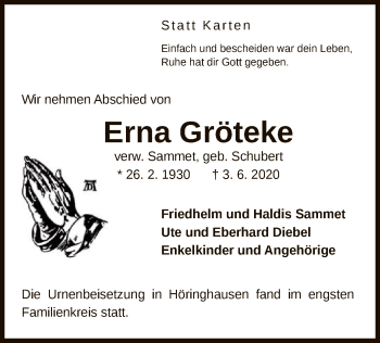 Traueranzeige von Erna Gröteke von WLZ