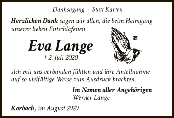 Traueranzeige von Eva Lange von WLZ