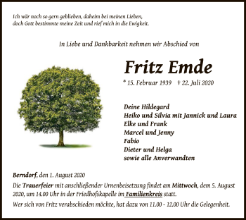 Traueranzeige von Fritz Emde von WLZ