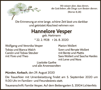 Traueranzeige von Hannelore Vesper von WLZ