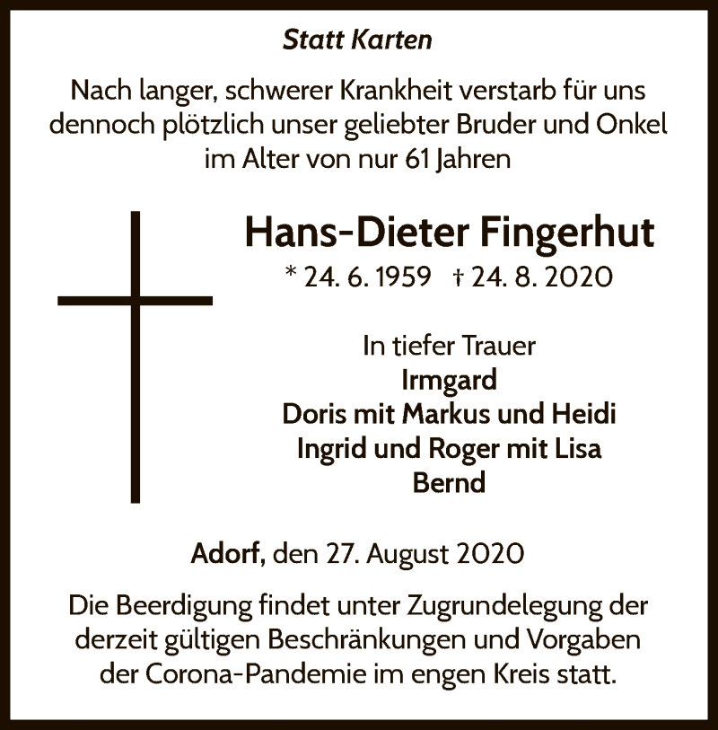  Traueranzeige für Hans-Dieter Fingerhut vom 27.08.2020 aus WLZ