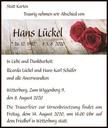 Traueranzeige von Hans Lückel von WLZ