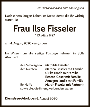 Traueranzeige von Ilse Fisseler von WLZ