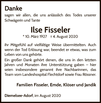 Traueranzeige von Ilse Fisseler von WLZ