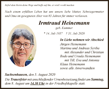 Traueranzeige von Irmtraud Heinemann von WLZ