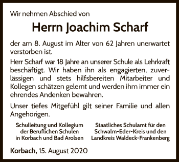 Traueranzeige von Joachim Scharf von WLZ