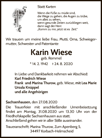 Traueranzeige von Karin Wiese von WLZ