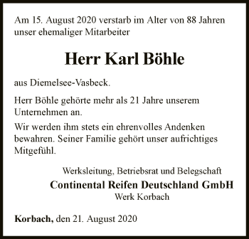 Traueranzeige von Karl Böhle von WLZ