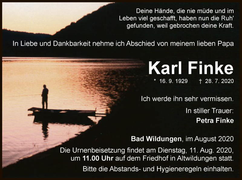  Traueranzeige für Karl Finke vom 04.08.2020 aus WLZ