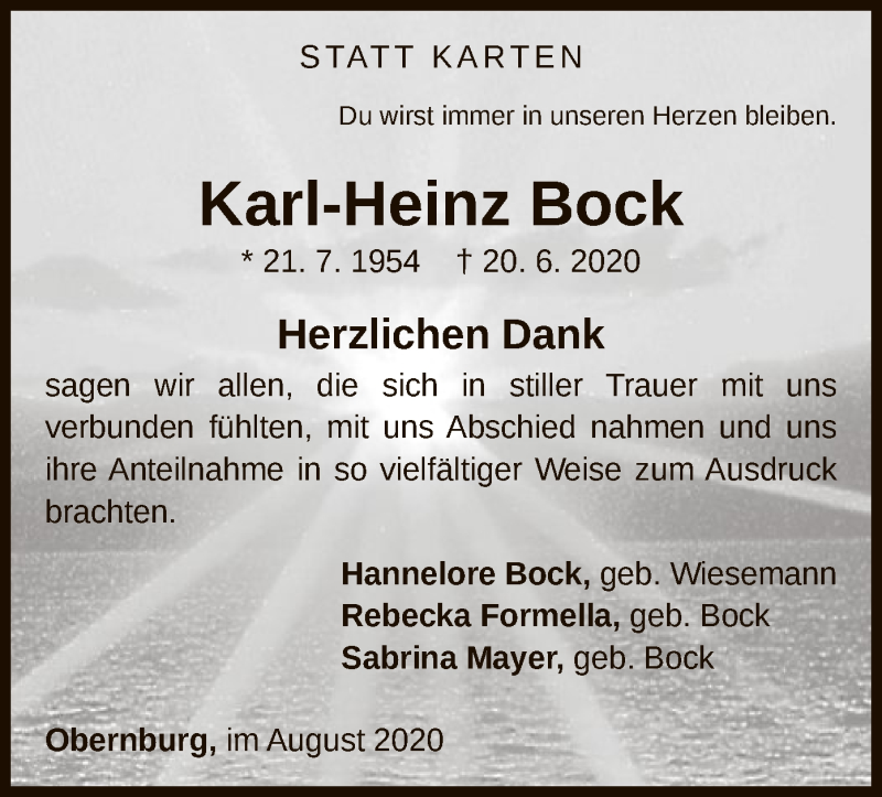 Traueranzeige für Karl-Heinz Bock vom 08.08.2020 aus WLZ