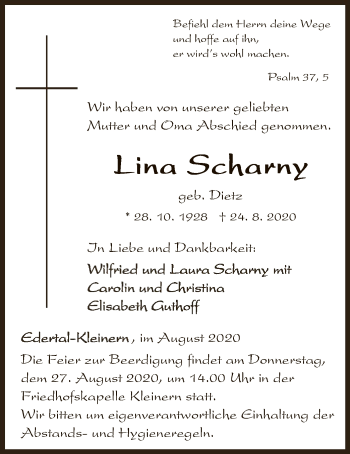 Traueranzeige von Lina Scharny von WLZ