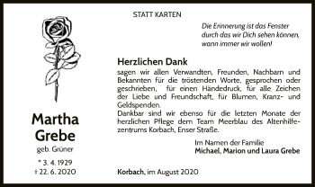Traueranzeige von Martha Grebe von WLZ