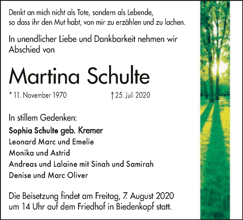  Traueranzeige für Martina Schulte vom 01.08.2020 aus WLZ