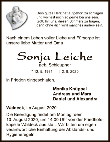 Traueranzeige von Sonja Leiche von WLZ