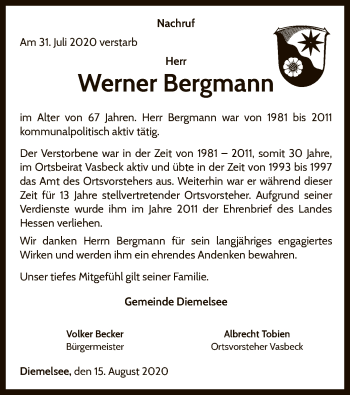 Traueranzeige von Werner Bergmann von WLZ