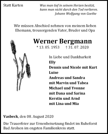 Traueranzeige von Werner Bergmann von WLZ