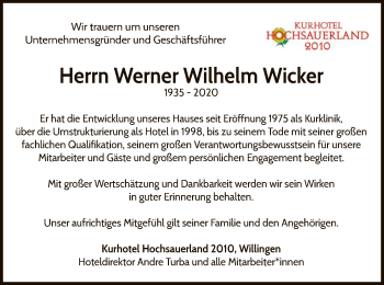 Traueranzeige von Werner Wilhelm J. Wicker von WLZ