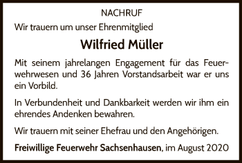 Traueranzeige von Wilfried Müller von WLZ