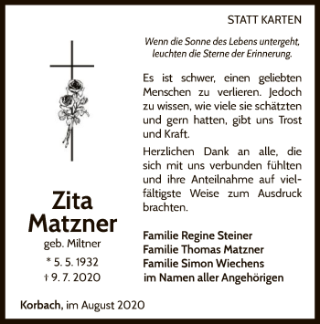 Traueranzeige von Zita Matzner von WLZ