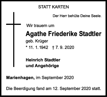 Traueranzeige von Agathe Friederike Stadtler von WLZ