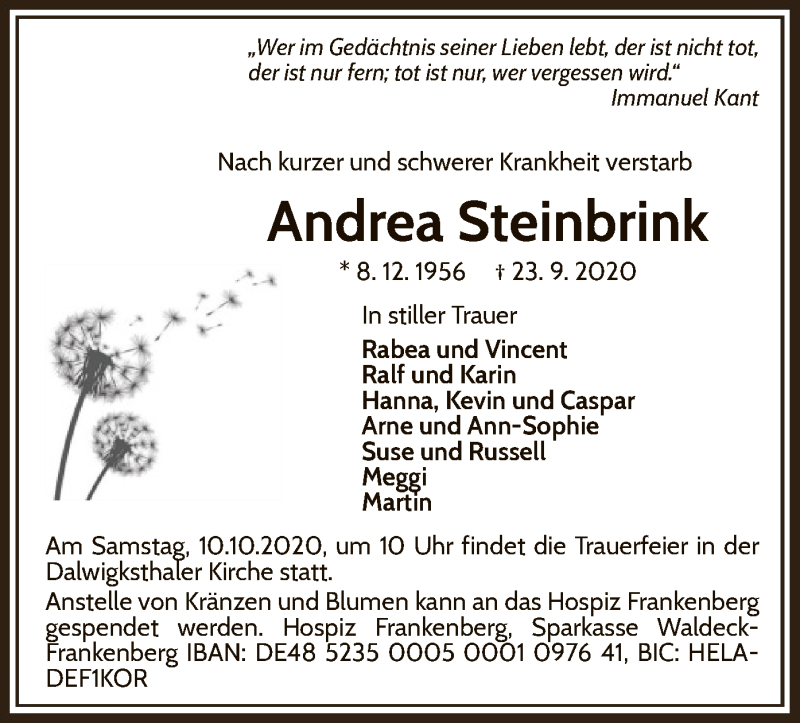  Traueranzeige für Andrea Steinbrink vom 26.09.2020 aus WLZ