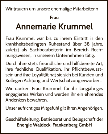 Traueranzeige von Annemarie Krummel von WLZ