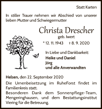 Traueranzeige von Christa Drescher von WLZ