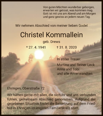 Traueranzeige von Christel Kommallein von HNA