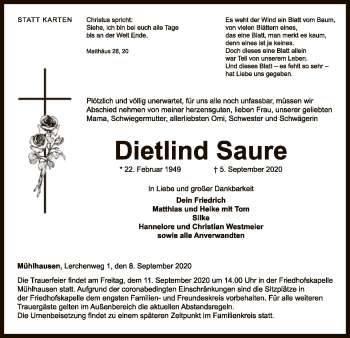 Traueranzeige von Dietlind Saure von WLZ