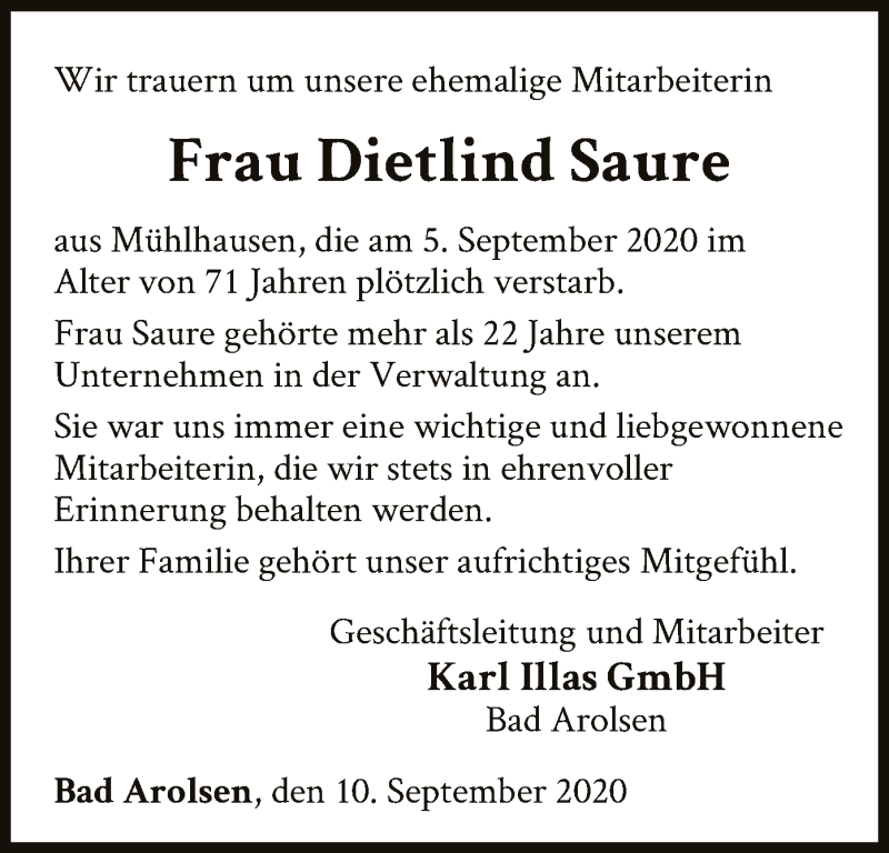  Traueranzeige für Dietlind Saure vom 10.09.2020 aus WLZ