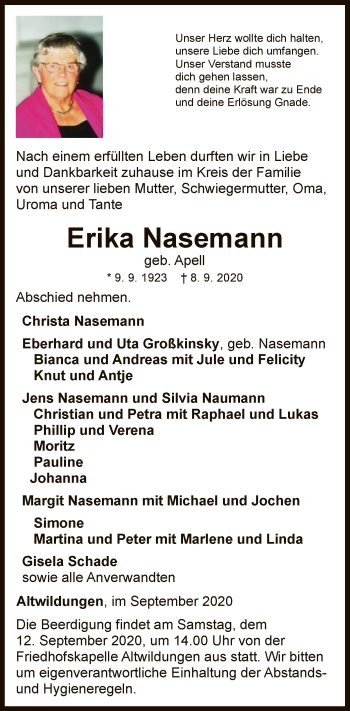 Traueranzeige von Erika Nasemann von WLZ