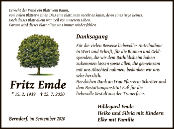 Traueranzeige von Fritz Emde von WLZ