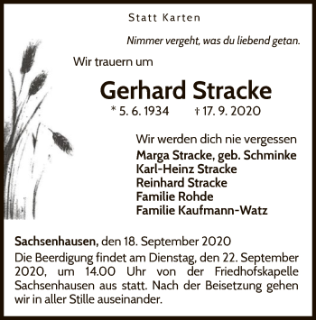 Traueranzeige von Gerhard Stracke von WLZ