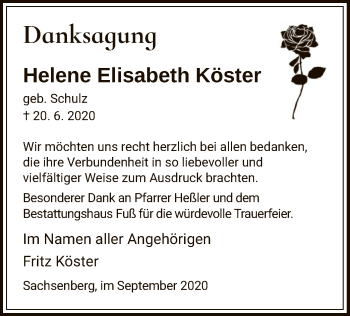 Traueranzeige von Helene Elisabeth Köster von HNA