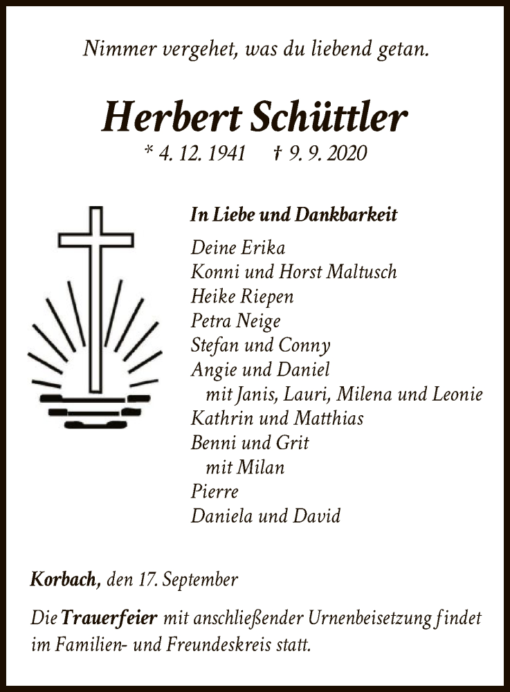  Traueranzeige für Herbert Schüttler vom 17.09.2020 aus WLZ