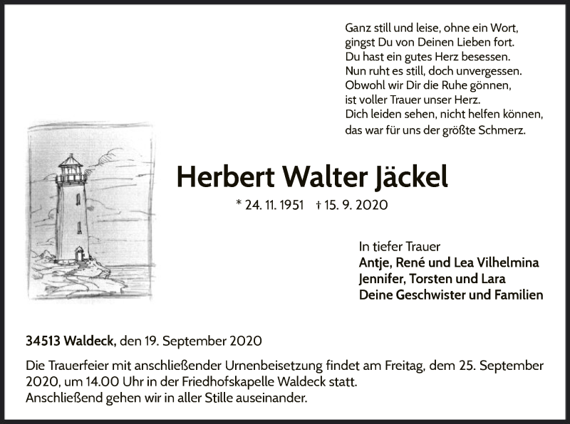  Traueranzeige für Herbert Walter Jäckel vom 19.09.2020 aus WLZ