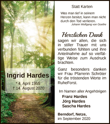 Traueranzeige von Ingrid Hardes von WLZ