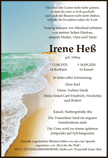 Traueranzeige von Irene Heß von WLZ