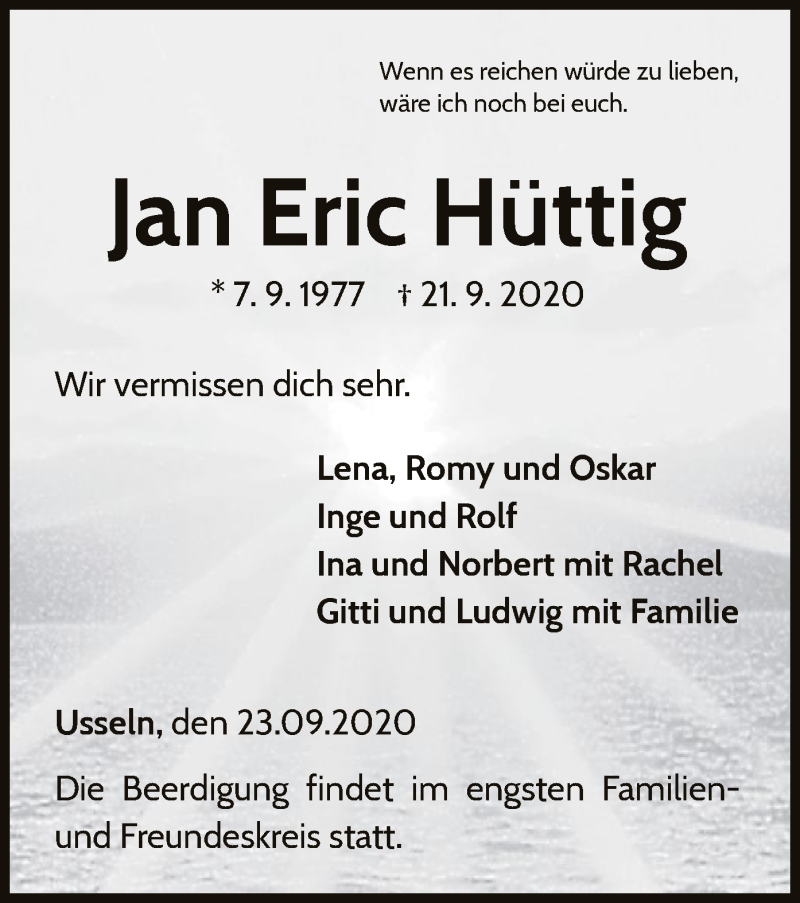  Traueranzeige für Jan Eric Hüttig vom 23.09.2020 aus WLZ