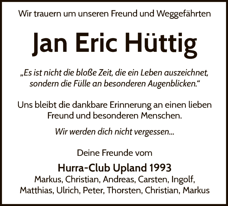  Traueranzeige für Jan Eric Hüttig vom 24.09.2020 aus WLZ