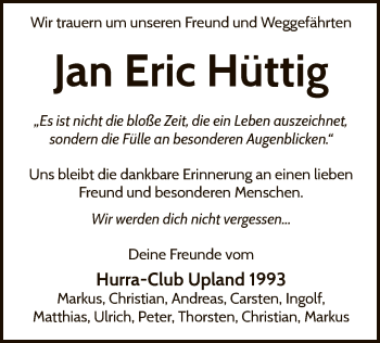 Traueranzeige von Jan Eric Hüttig von WLZ