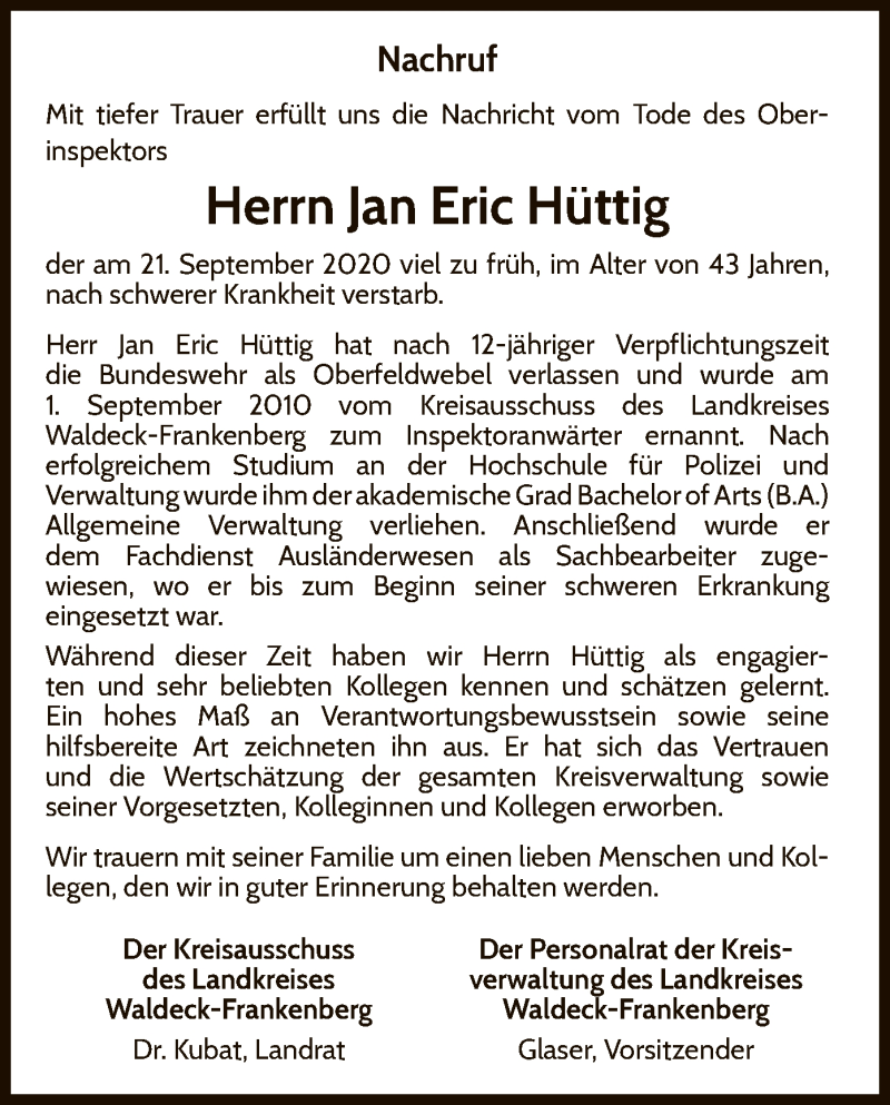  Traueranzeige für Jan Eric Hüttig vom 26.09.2020 aus WLZ