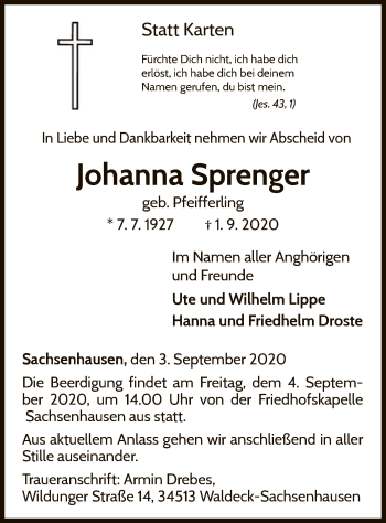 Traueranzeige von Johanna Sprenger von WLZ