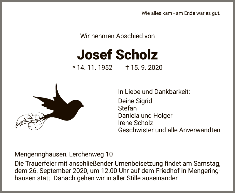  Traueranzeige für Josef Scholz vom 19.09.2020 aus WLZ