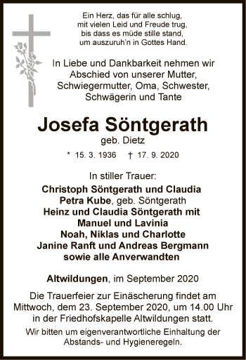 Traueranzeige von Josefa Söntgerath von WLZ