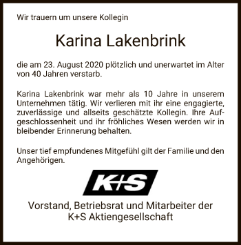 Traueranzeige von Karina Lakenbrink von HNA