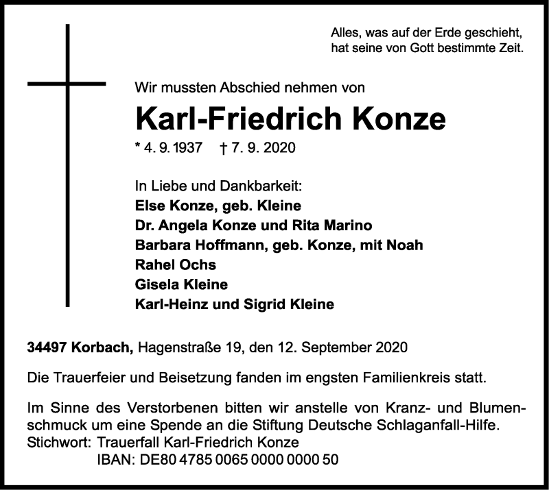  Traueranzeige für Karl-Friedrich Konze vom 12.09.2020 aus WLZ
